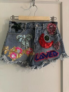 Sequined Embellished Denim Shorts - Blue